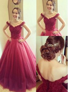 Wonderful Floor Length Fuchsia Prom Gown Off The Shoulder Sleeveless Lace Up