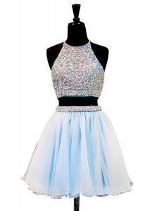 Light Blue Zipper Halter Top Beading Prom Dresses Tulle Sleeveless