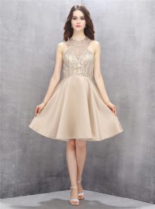Satin High-neck Sleeveless Criss Cross Beading Prom Evening Gown in Champagne