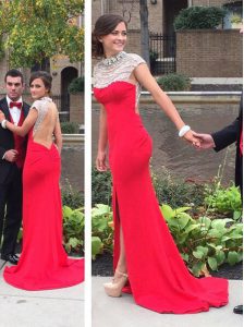Coral Red High-neck Neckline Beading Prom Gown Cap Sleeves Backless