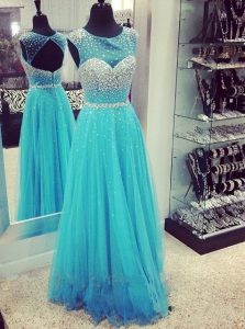 Mermaid Zipper Prom Dress Aqua Blue for Prom and Party with Beading Sweep Train