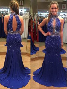 Inexpensive Mermaid Chiffon High-neck Sleeveless Court Train Backless Sequins Prom Gown in Royal Blue