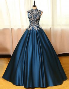 Sleeveless Satin Floor Length Backless Prom Party Dress in Navy Blue with Appliques