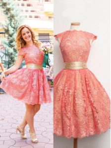 Smart Scoop Knee Length Watermelon Red Prom Dresses Lace Cap Sleeves Lace