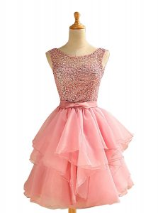 Noble Scoop Sleeveless Lace Up Prom Gown Pink Chiffon