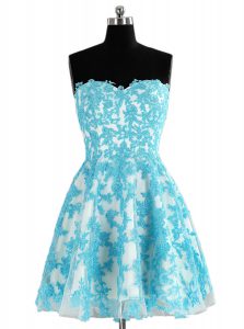 New Style Sleeveless Organza Knee Length Zipper Prom Party Dress in Blue with Appliques