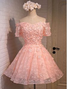 Stunning Peach A-line Off The Shoulder Sleeveless Lace Mini Length Lace Up Appliques Prom Dresses
