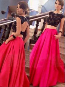 Scoop Backless Floor Length Red Dress for Prom Satin Cap Sleeves Lace