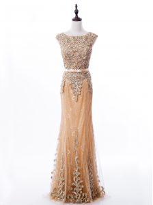Mermaid Lace Gold Dress for Prom Scoop Sleeveless Brush Train Zipper