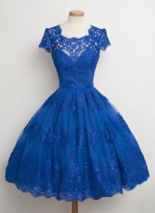 A-line Prom Party Dress Royal Blue Square Lace Cap Sleeves Knee Length Zipper