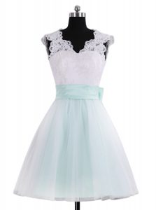 New Arrival Blue And White V-neck Neckline Lace and Sashes ribbons Sleeveless Zipper