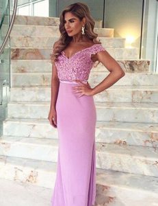 Mermaid Off the Shoulder Short Sleeves Brush Train Lace and Sashes ribbons Zipper Prom Gown