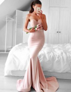 Mermaid Elastic Woven Satin Sweetheart Sleeveless Brush Train Zipper Lace and Sashes ribbons Prom Party Dress in Pink