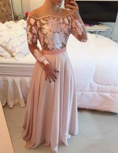 Pink Side Zipper Scoop Beading and Appliques and Sashes ribbons Prom Party Dress Chiffon Long Sleeves
