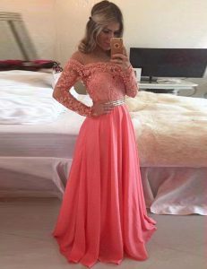 Cute Scoop Watermelon Red Long Sleeves Chiffon Zipper Prom Dress for Prom