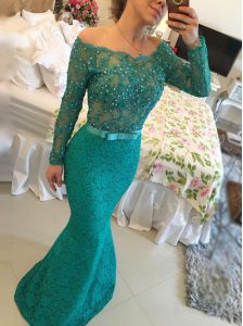 Exquisite Mermaid Lace Bateau Long Sleeves Backless Beading Prom Party Dress in Green