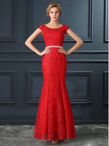 Super Mermaid Homecoming Dress Red Scoop Lace Cap Sleeves Floor Length Lace Up