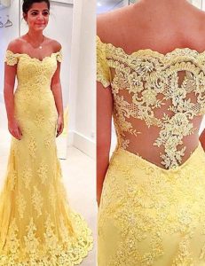 Mermaid Off the Shoulder Lace Yellow Short Sleeves Appliques Side Zipper Prom Dress