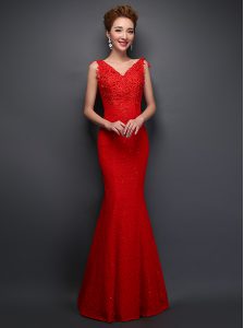 Mermaid Red V-neck Neckline Beading and Appliques Dress for Prom Sleeveless Lace Up