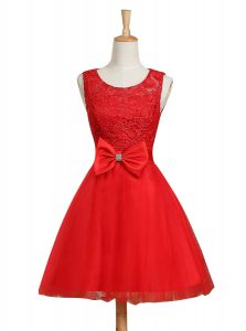 Scoop Mini Length Red Prom Dresses Tulle Sleeveless Lace and Bowknot