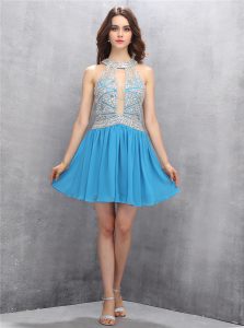 Halter Top Sleeveless Mini Length Beading and Bowknot Zipper Prom Dresses with Baby Blue