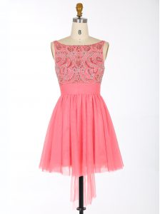Watermelon Red A-line Scoop Sleeveless Chiffon Mini Length Backless Beading and Sashes ribbons Prom Dress
