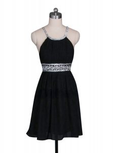 Halter Top Mini Length Zipper Evening Dress Black for Party with Beading