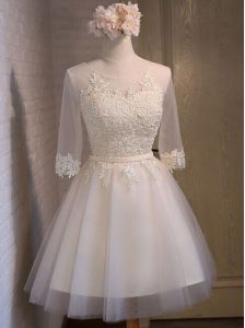 White Scoop Lace Up Appliques Prom Gown Half Sleeves
