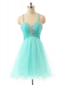 Glittering Criss Cross Spaghetti Straps Sleeveless Prom Dress Mini Length Beading Aqua Blue Tulle
