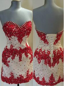 Custom Design White And Red Lace Up Dress for Prom Appliques Sleeveless Mini Length