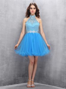 Blue Tulle Zipper Prom Dresses Sleeveless Mini Length Beading