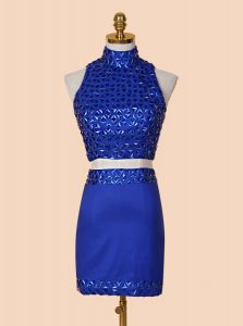 Glorious Royal Blue Satin Backless High-neck Sleeveless Mini Length Prom Party Dress Beading