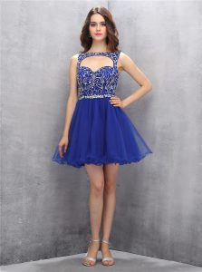 Best A-line Prom Gown Royal Blue Bateau Organza Sleeveless Mini Length Zipper