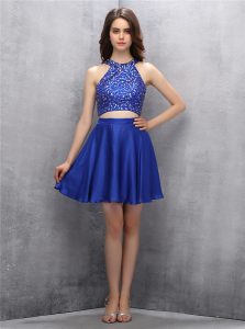 A-line Prom Gown Royal Blue Halter Top Chiffon Sleeveless Mini Length Zipper