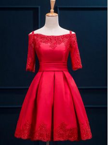 Off the Shoulder Appliques and Pleated Prom Dress Red Lace Up Half Sleeves Mini Length