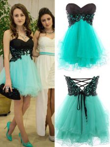Turquoise Tulle Zipper Sweetheart Sleeveless Mini Length Dress for Prom Appliques