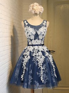 Scoop Knee Length Lace Up Prom Dresses Navy Blue for Party with Appliques