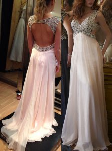 Adorable Pink Prom Evening Gown Prom and Party and For with Ruching V-neck Sleeveless Brush Train Backless