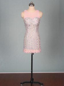 Pink Elastic Woven Satin Zipper Scoop Sleeveless Mini Length Prom Gown Beading