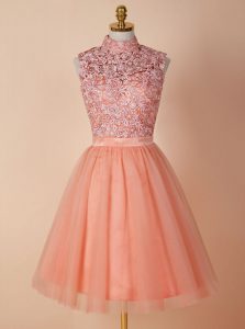 Smart Peach High-neck Backless Appliques Dress for Prom Sleeveless