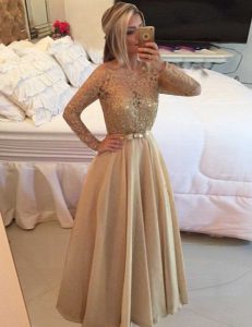Discount Long Sleeves Chiffon Floor Length Zipper in Champagne with Beading and Lace