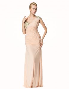 Sexy Mermaid Peach One Shoulder Zipper Beading and Ruching Prom Evening Gown Sleeveless
