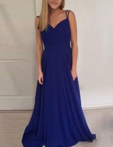 Royal Blue A-line Scoop Sleeveless Chiffon Brush Train Backless Ruching Prom Party Dress
