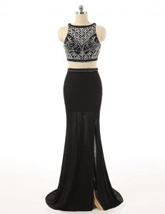Clearance Black Sleeveless Sweep Train Beading With Train Prom Party Dress