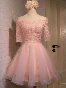 Off the Shoulder Mini Length Peach Prom Evening Gown Organza Short Sleeves Appliques