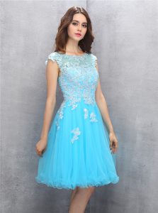Scoop Cap Sleeves Knee Length Zipper Dress for Prom Blue for Prom with Beading and Appliques
