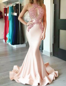 Mermaid Halter Top Sleeveless Brush Train Appliques Zipper Dress for Prom