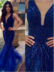 Mermaid Royal Blue V-neck Neckline Sequins Dress for Prom Sleeveless Zipper