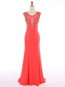 Captivating Mermaid Watermelon Red Prom Evening Gown Scoop Sleeveless Brush Train Zipper