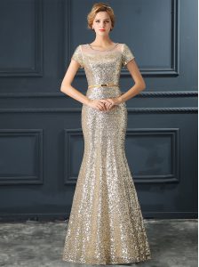 Custom Designed Mermaid Scoop Sequined Cap Sleeves Floor Length Dress for Prom and Sequins and Belt